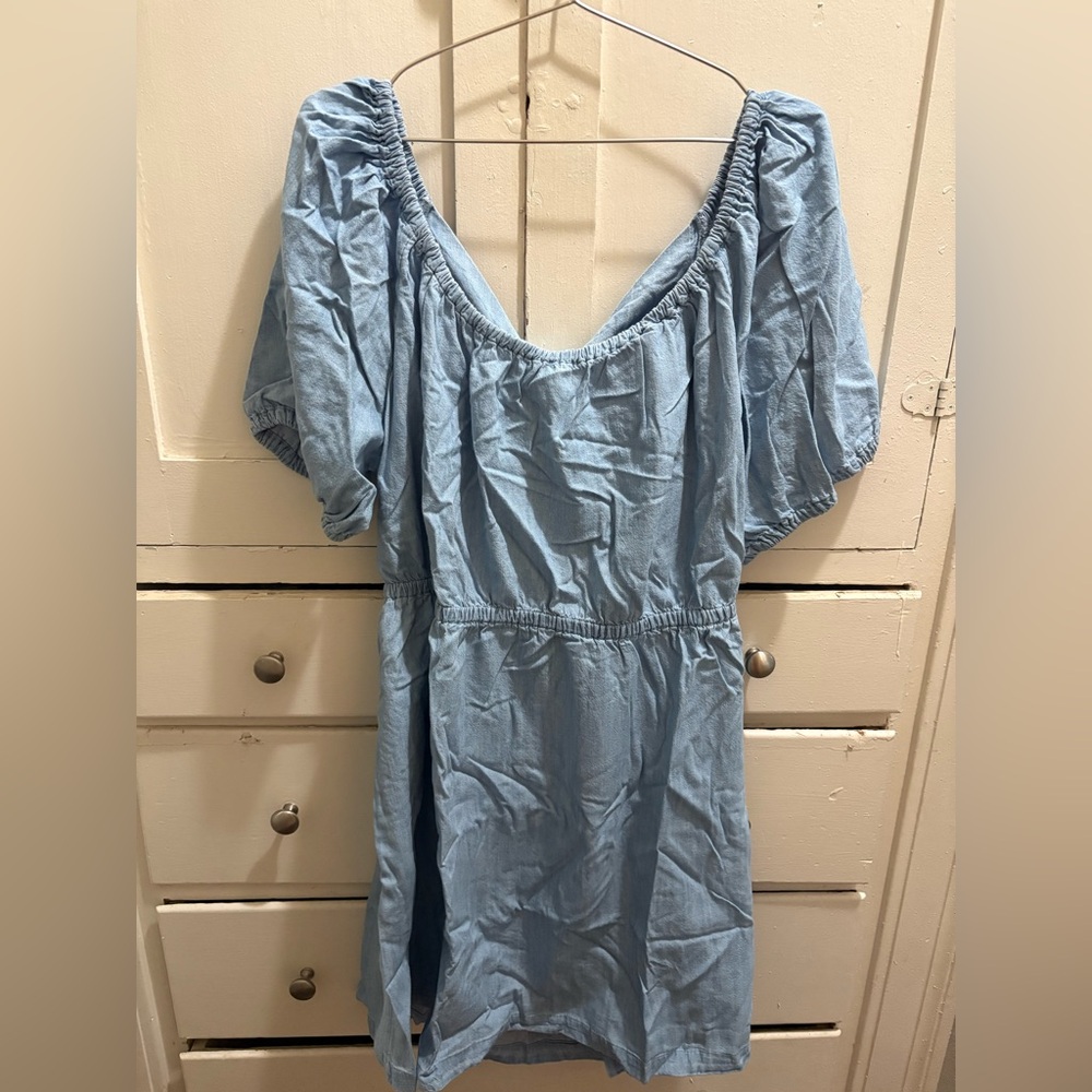 NWT Old Navy 2X Light Washed Denim Puff Sleeve Dress With Tie-Back Detail